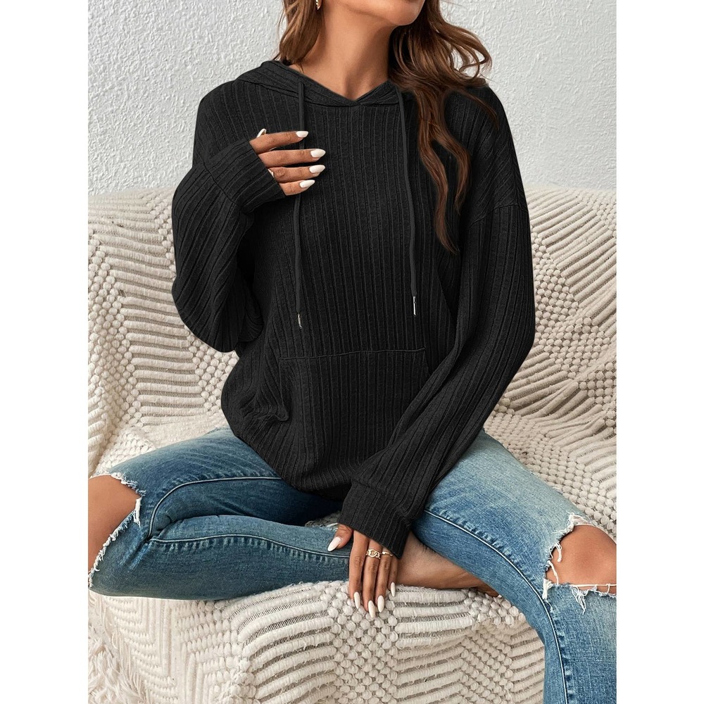 ❗️ minimalist Kangaroo Pocket Drop Shoulder Drawstring Hoodie - Picture 3 of 10